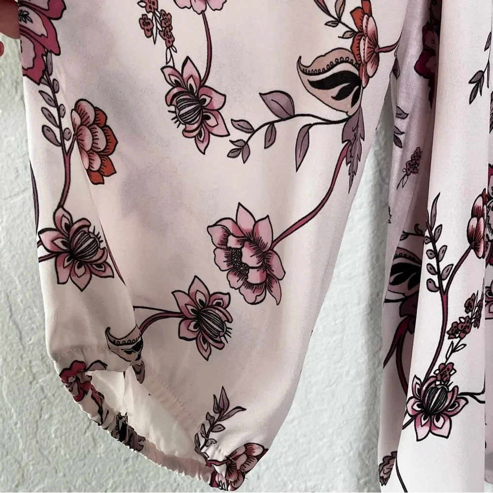 LOFT Floral Blouse Light Pink Purple Square Neckline Size Large Romantic